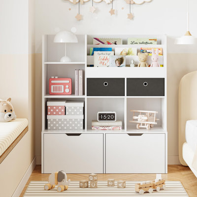 Modern Kids Wooden Bookshelf with 4 Drawers – Bookcase with Cubbies & Toy Storage, 47.8in Display Cabinet for Nursery, Playroom, Study Room (White)