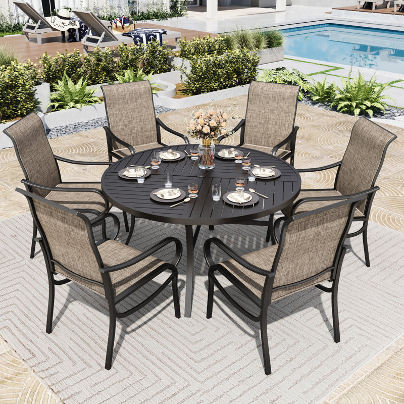 7 Pcs Patio Dining Set Sling Chairs With Round Table
