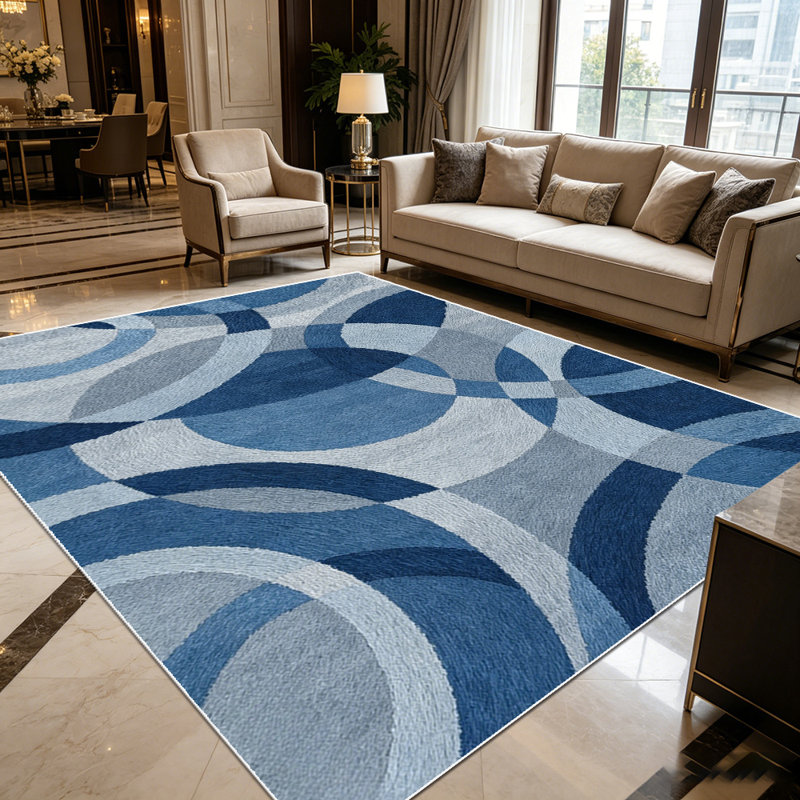 1PC Modern Geometric Blue Ombre Circular Abstract area rugs for Living Room, Soft and Comfortable, Suitable for all seasons, easy-to-maintain, machine washable Indoor floor mat, Under Table Farmhouse suitable for dining room, bedroom, entryway, home
