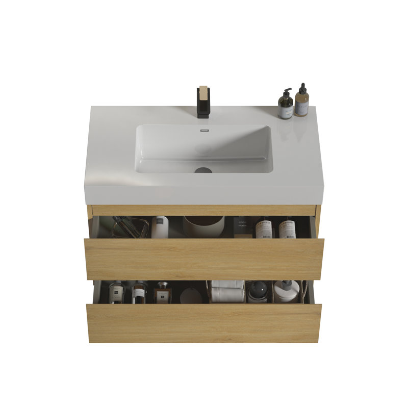 Meuble-lavabo de 36 po de style noir et chêne - Unité de salle de bain murale, spacieuse, murale, en chêne, avec lavabo et compartiments de rangement