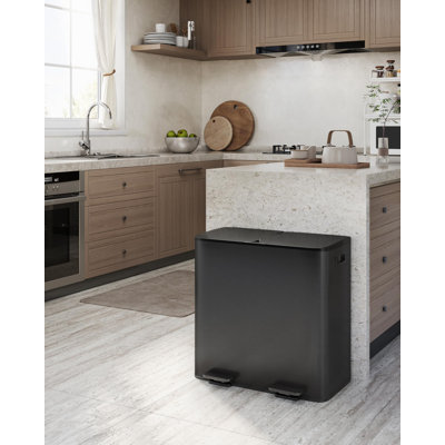 2 x 10.6 Gallon Stainless Steel Double Trash and Recycle Can with Lid for Kitchen, Black