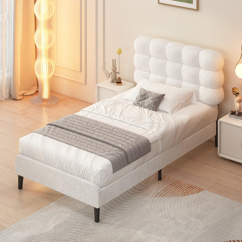 Aadi Upholstered Headboard, Platform Bed with Strong Wooden Slats Support, Two Bed Forms Design, Twin, White