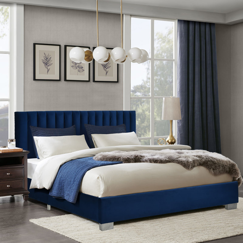 Amatia Upholstered Metal Platform Bed, Navy Blue, Full