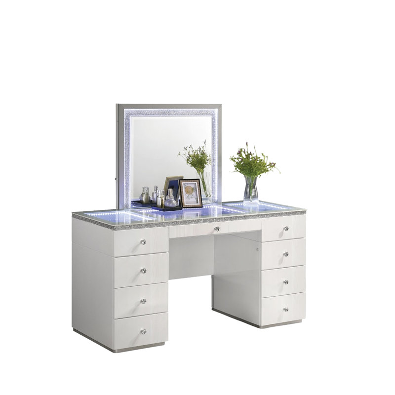 Contemporary Style 1Pc Vanity Tempered Glass Top Ball Bearing Glides High Gloss Finish Stainless Steel Beveled Mirror White Finish Bedroom Furniture