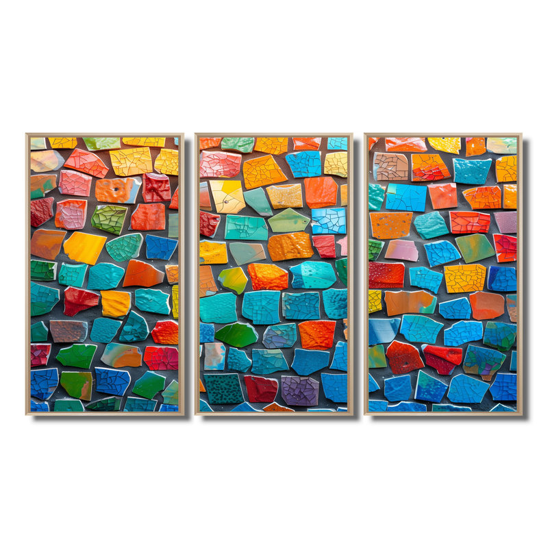 Alexei - Ensemble d'art mural mosaïque Boho, Toile naturelle avec cadre flottant, H 32 po x l 48 po x P 1 po