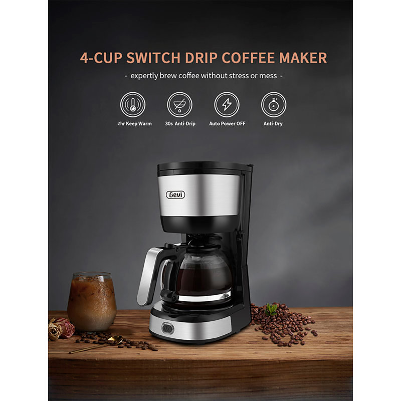 The 4-cup Small Compact Drip Brewed Coffee Maker Machine With Cone Filter & Glass Carafe & Hot Plate & Water Tank