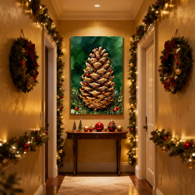 Cône de pin de Noël avec baies et verdure, ensemble de 3 impressions sur toile, H 18 po x l 12 po