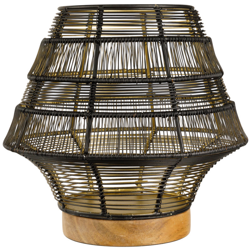 Petit porte-bougie petit pilier en fer tissé avec base en bois - noir, H 9,25 po x l 10 po x P 10 po