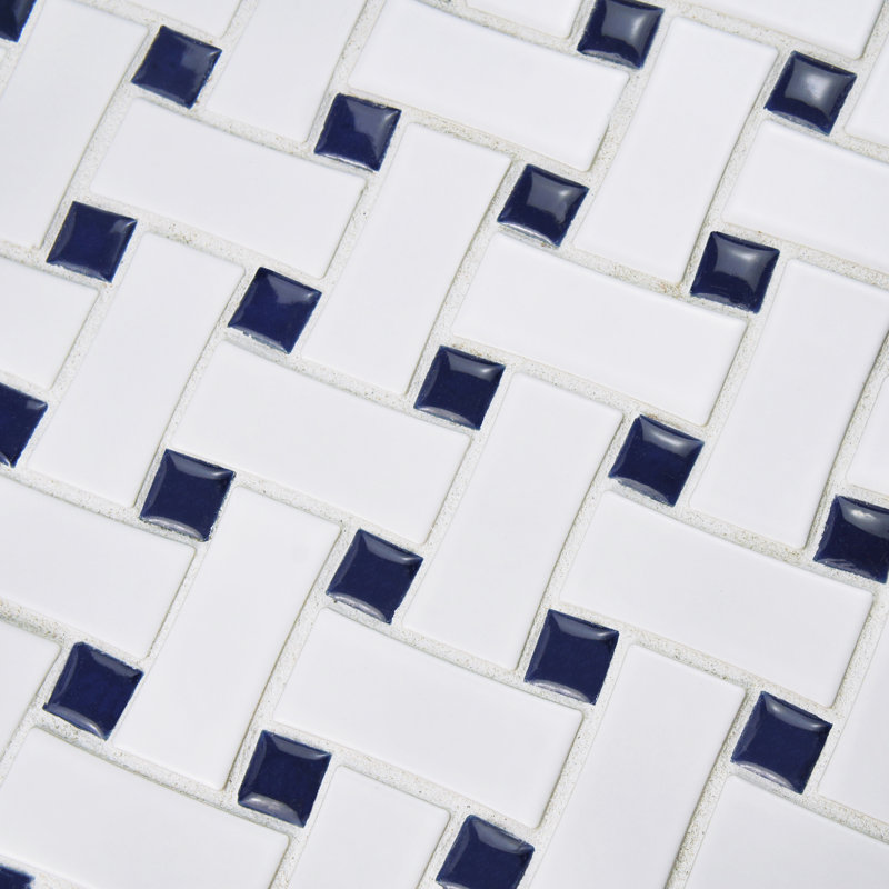 Metro Basket Weave Dog Bone Porcelain Mosaic Wall & Floor Tile, White and Cobalt