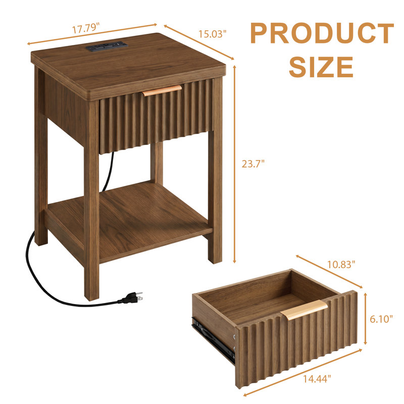 Ensemble de 2 tables de chevet en bois cannelé, table de chevet en noyer avec station de charge intégrée (2 AC, USB, Type-C), tiroir de rangement et tablette ouverte - table d'appoint moderne pour chambre à coucher, salon