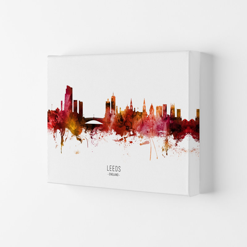 Leeds England Skyline Red City Name by Michael Tompsett - Print, 59.4cm H x 84cm W x 4cm D, Wrapped Canvas