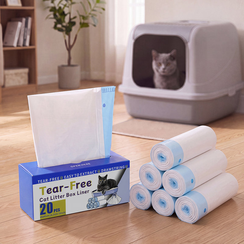 Skylos Cat Litter Bags Drawstring Tear Resistant 120 Pack Auto Litter Tray Blue