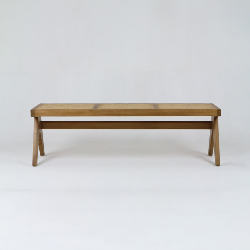 Banc en bois massif et bois de canne Pierre Jeanneret, Teck chaud