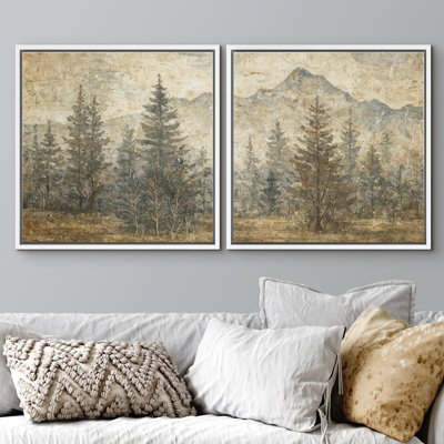 Rustic Mountain Pine Forest Neutral Nature Landscape Framed Master Bedroom Wall Art Work 2 Pieces Print
