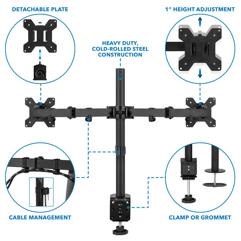 Mount-It! Dual Monitor Mount with C-Clamp & Grommet Base, Height Adjustable Arms Fit 19 - 32 Inches