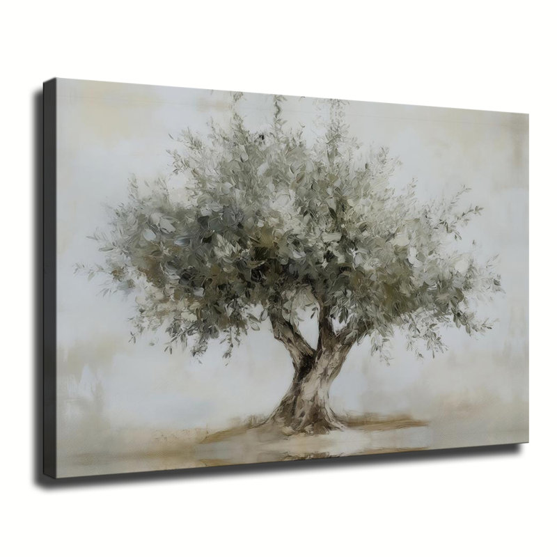 Impression sur toile de style vintage aux teintes douces représentant un olivier vert, décoration murale champêtre, art neutre inspiré de la nature.