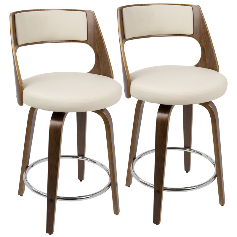 Betuel Swivel Upholstered Counter Stool, Cream Faux Leather/Walnut Frame, Counter Stool (24.5" Seat Height)
