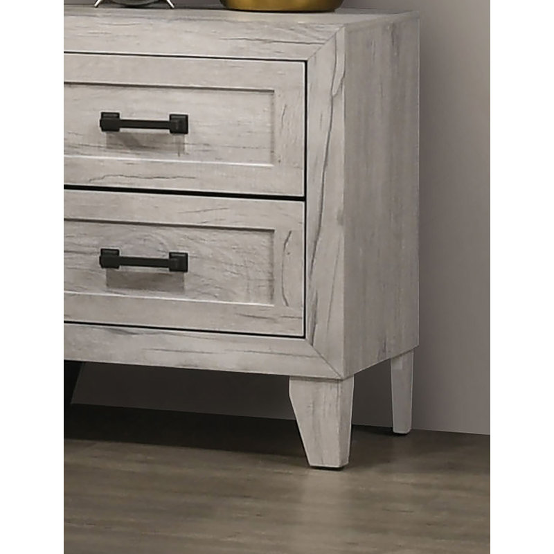 Table de chevet de style contemporain avec deux tiroirs et une poignée de barre noire, idéale pour ajouter élégance et fonctionnalité à votre chambre à coucher