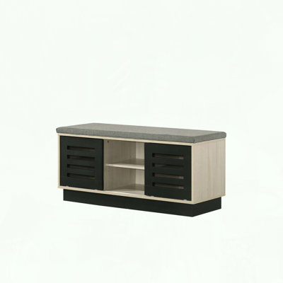 Oak Finish Shoe Cabinet with Sliding Doors and Upholstered Top