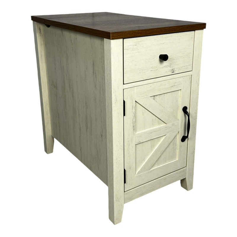Farmhouse End Table Bedside Table With Charging Station,Night Stand With Barn Door And Drawer, Storage For Bedroom Living Room ,Bedside Table