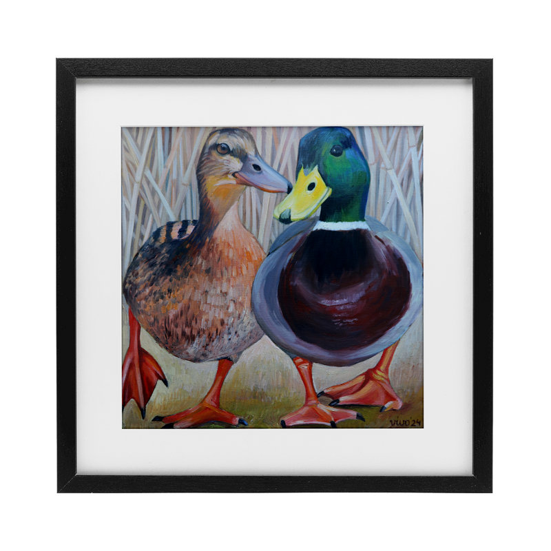 «Mallard & Brown Ducks», reproduction sous verre encadrée, design par Violeta Vollmer, H 13 po x l 13 po, Cadre noir minuit