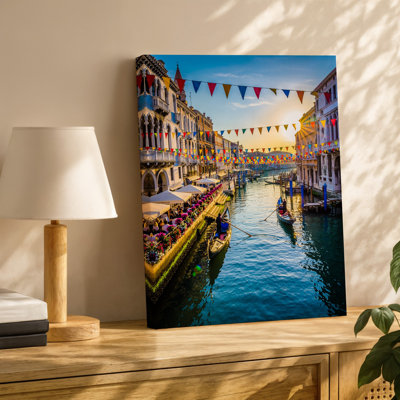 Canvas A Vibrant Venetian Canal Scene During A Festive Celebration Showcasing Wall Art Colorful Triangular Flags Strung Overhead Canvas Wall Art