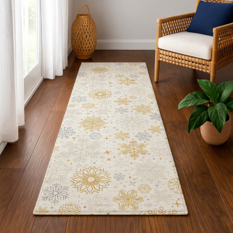 Premium Machine Washable Ingrassellino AMF1823 Stars and Snowflakes Holiday Rug, Runner 2'3" x 7'6"