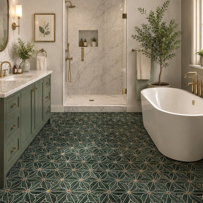 Indian Green Marble Petal Polished Mosaic Wall & Floor Tile, Green
