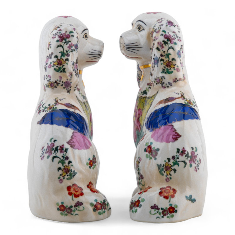 Porcelain Staffordshire Dog Figurines Pair, Blue floral