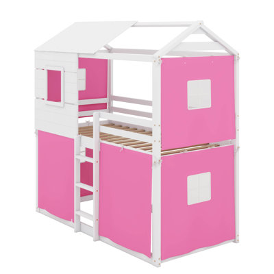 Lit superposé simple en bois, lit sur le thème de la maison avec fenêtres et tente, structure mezzanine basse avec barrière de sécurité