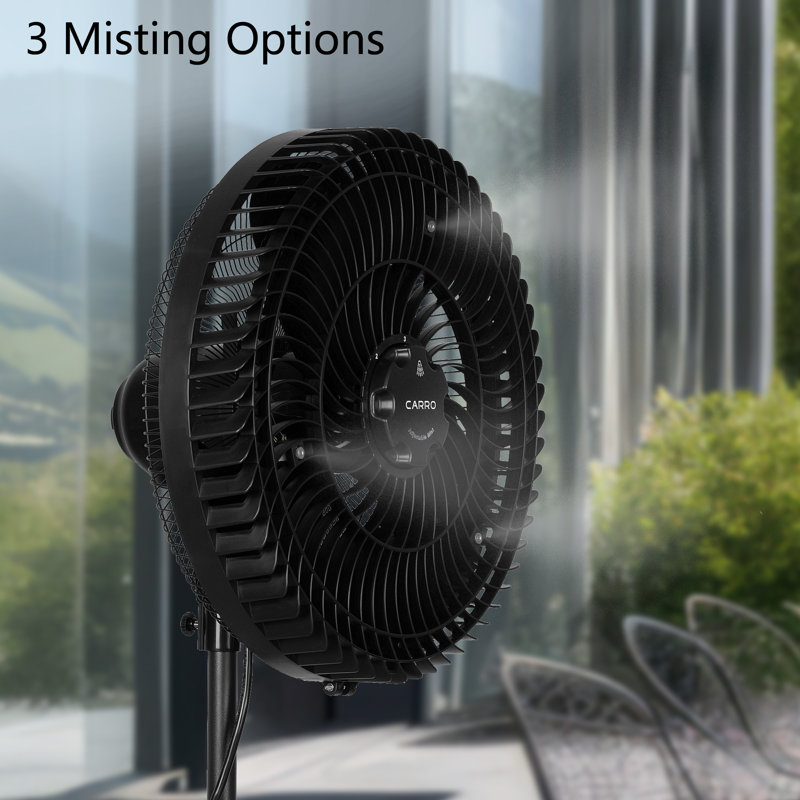 Ventilateur brumisateur d'extérieur sur pied, 3 vitesses, 40,6 cm (16 po), noir, hauteur réglable, prise GFCI, oscillation, base stable, oscillation grand angle de 75°, tête inclinable.