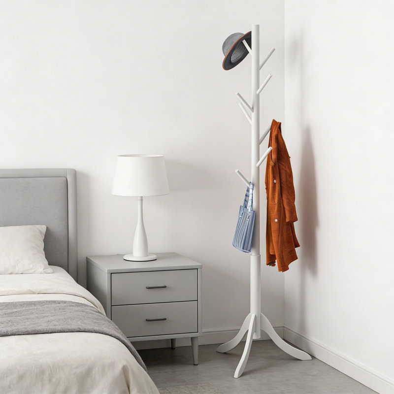 Portemanteau autoportant en bambou avec 8 crochets, arbre d'entrée pour vestes et chapeaux, Blanc