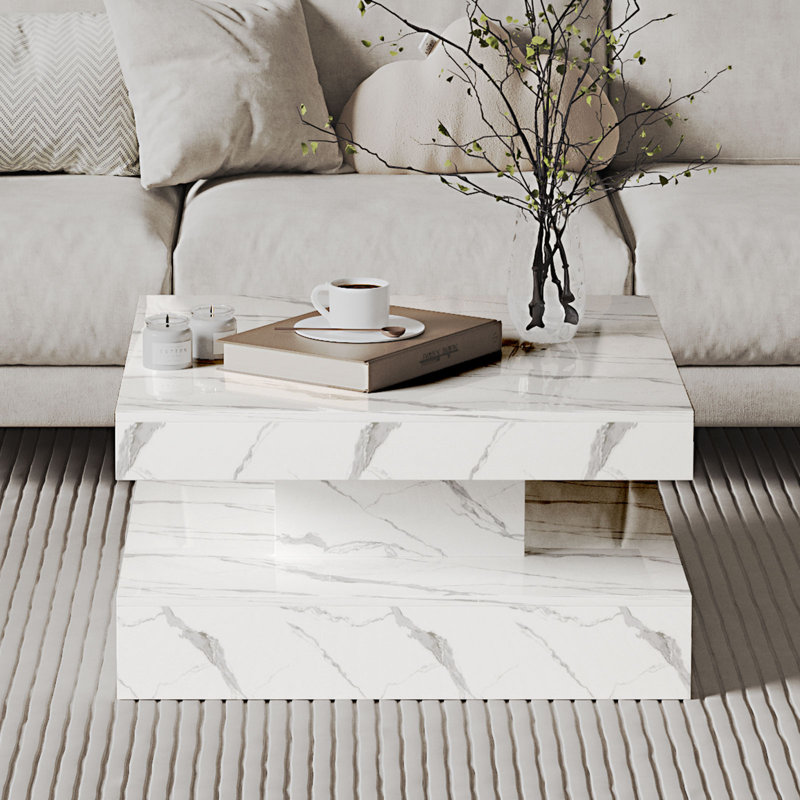 LED Coffee Table with Storage  Modern with Adjustable LED Lights Sofa Center Table Living Room, White Marble Effect