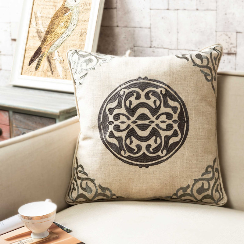 Saito Embroidered Medallion Square Pillow Cover & Insert, Iron/Steel