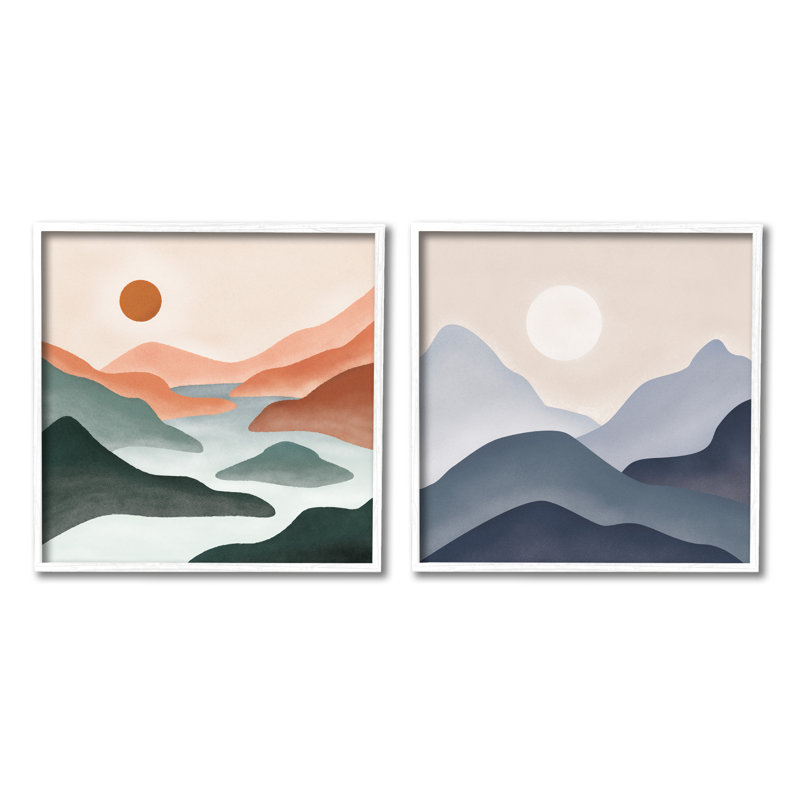 «Mountainous Landscape Flowing Stream River Modern Design» par JJ Design House LLC - Ensemble de 2 peintures sur toile à cadre flottant