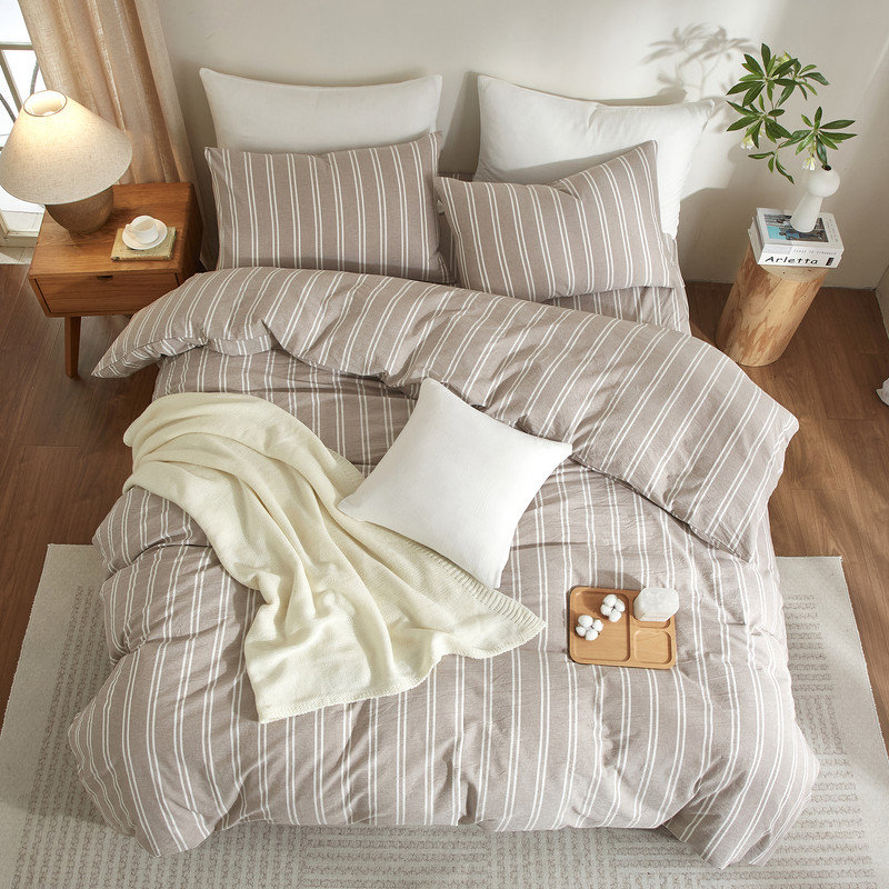 LIFETOWN Striped Duvet Cover Set 100% Washed Cotton Material Soft Linen Feel 3 Pieces Bedding Set, Light Brown/White Striped