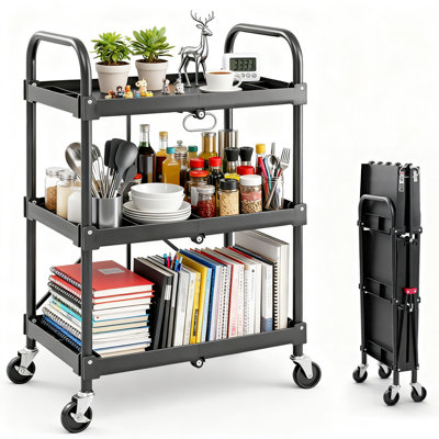 3-Tier Folding Utility Cart, Plastic Collapsible Rolling Service Cart with Wheels for Garage, Office, Warehouse
