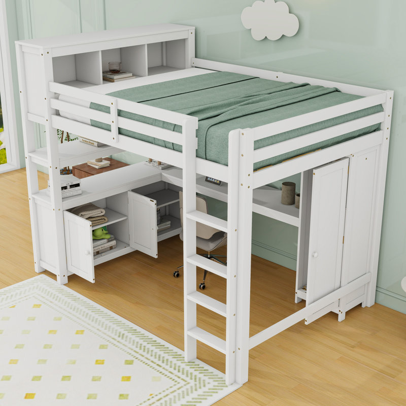 Queen Wood Loft Bed With Wardrobe, Desk And Cabinet, White