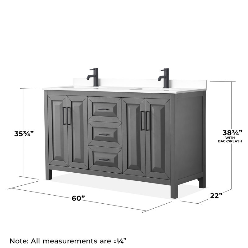 Daria 60'' W Double Vanity, White Cultured Marble, Dark Gray, Matte Black