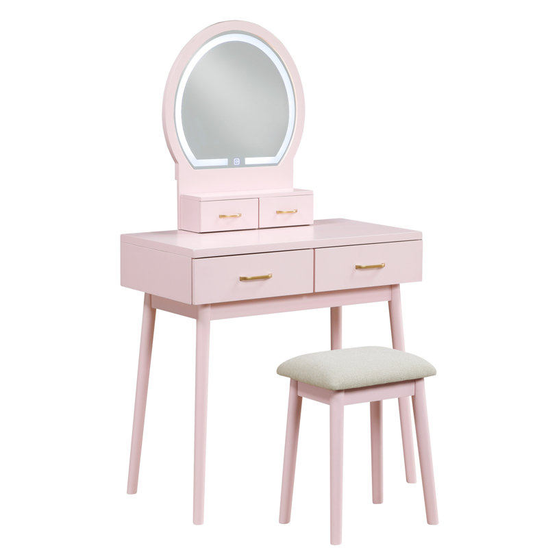 Pink Vanity With Stool And Mirror For Bedroom - Functional Storage Unit Table 4 Drawer