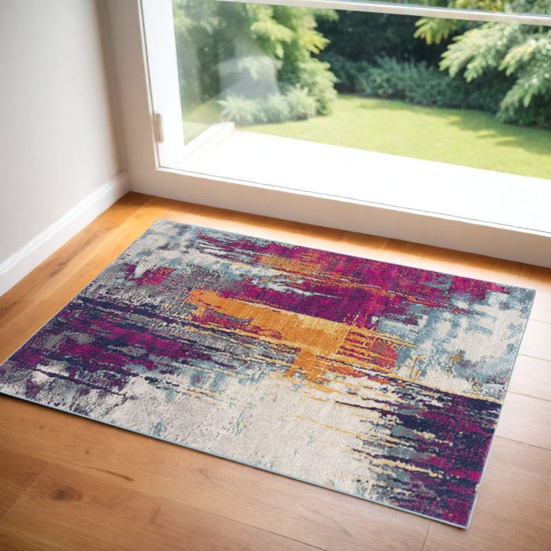 Comfort Gray Ivory And Magenta Abstract Runner Rug, Rectangle 2' x 4'