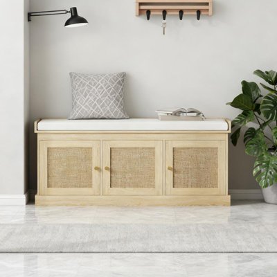 Banc de rangement pour chaussures avec portes en rotin tissé, banc de chaussures avec coussin