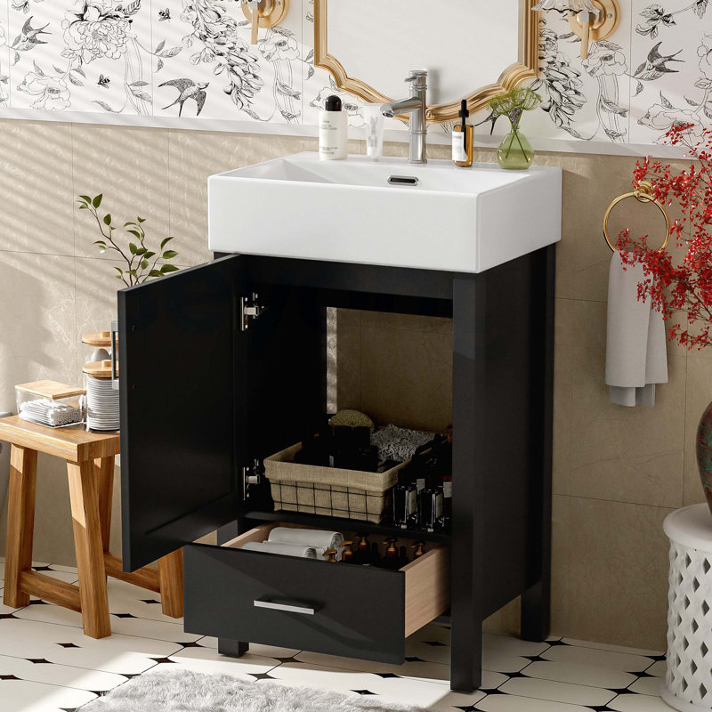 Meuble-lavabo moderne de 20,28 po avec lavabo en céramique, structure en bois massif et tiroir - idéal pour les petites salles de bain.