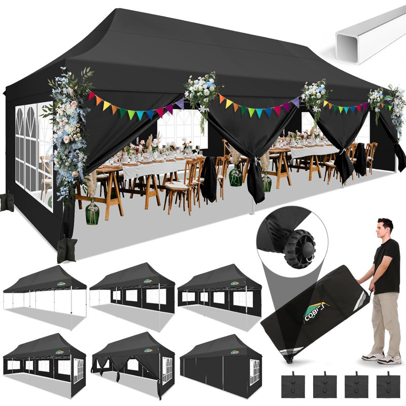 Auvent 10 x 30 avec 8 parois latérales amovibles, auvent facile à installer, Noir