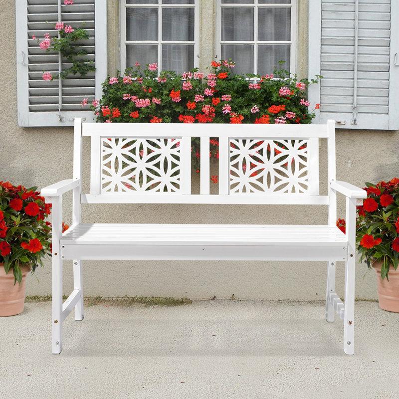 46-Inch White Solid Wood Patio Bench With Floral Backrest