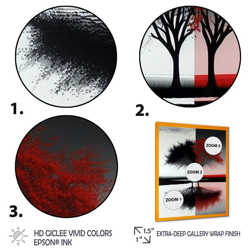 Arbres abstraits rouges et noirs au bord du lac - forêt, art mural, H 32 po x l 24 po x P 1 po, Encadrement doré