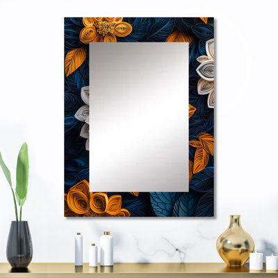 Tourbillon de fleurs blanc et bleu botanique III - grand miroir botanique, décor de miroir mural blanc