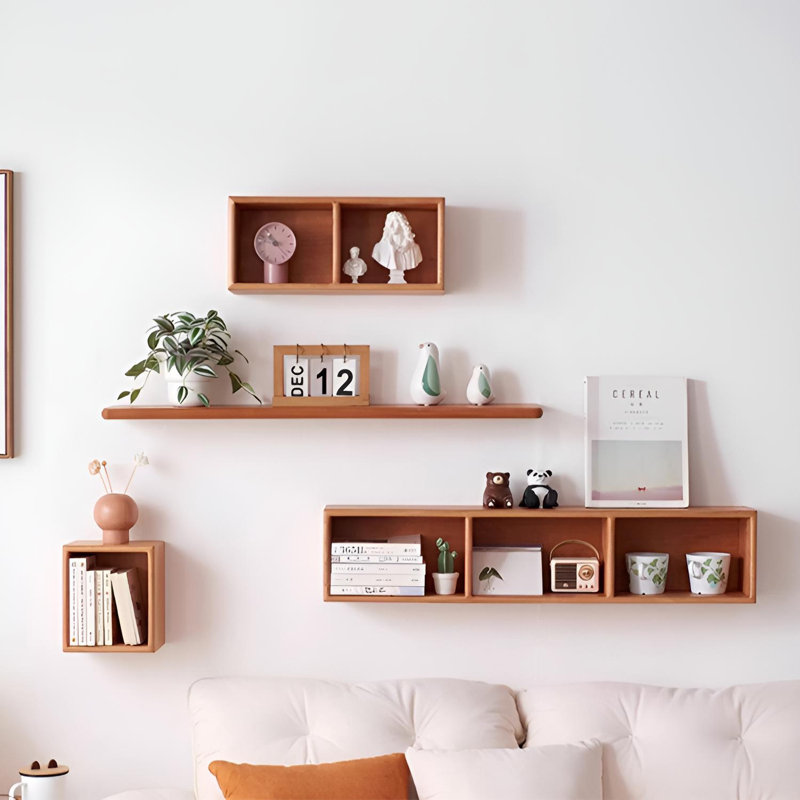 Solid Oak Wall Shelf With Multi-Cubby Design