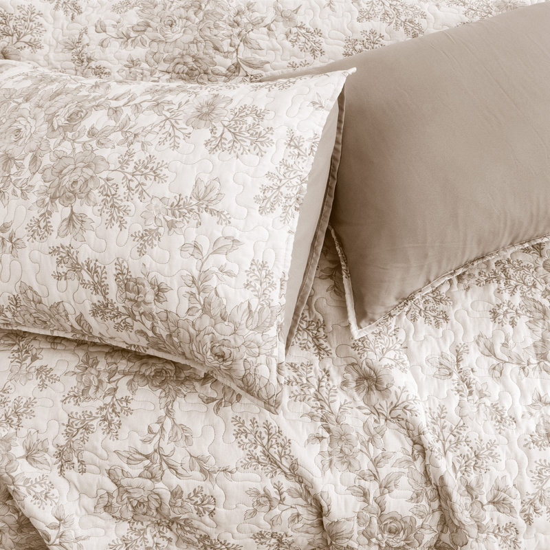 Wonderful Floral Quilt Set 3 Piece, Cotton Blend Bedding-100% Cotton Front, King Quilt + 2 King Shams, Gray