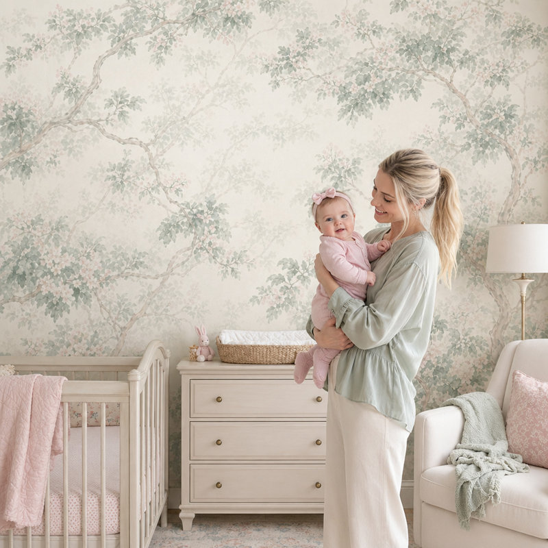 Watercolor Botanical Wallpaper Tree Branches Sage Green Leaves Removable Wall Decor, 200"x120", Textured Non-Pasted